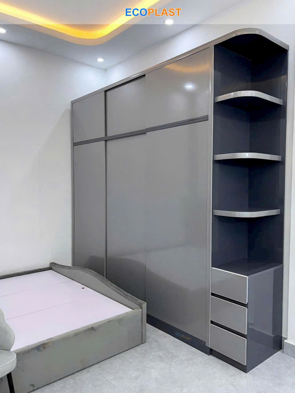 Tủ Áo Nhựa Cao Cấp Ecoplast Cánh Lùa Kệ Bo Kết Hợp Màu Ghi Và Màu Xám TAL01