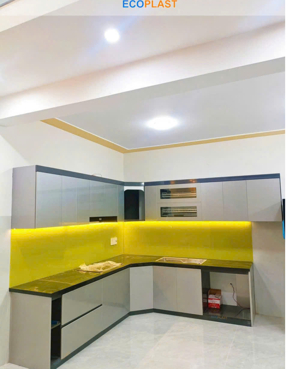 Tủ bếp nhựa ecoplast cao cấp màu gji chữ L